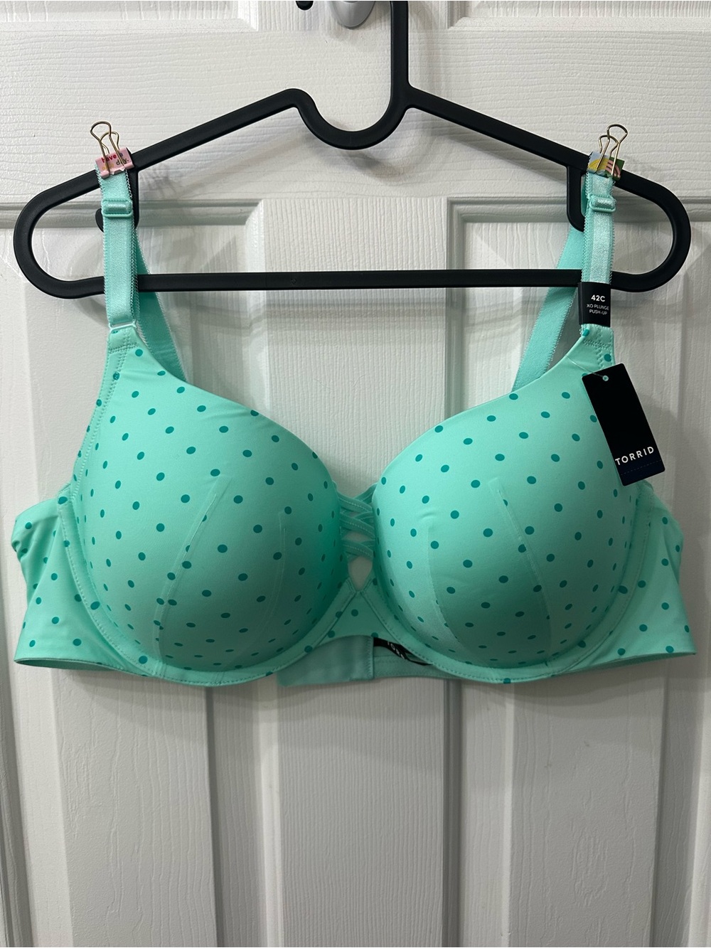 Torrid Bra XO Plunge Push-Up Mint Green Teal Polka Dot Criss Cross Front 42C NWT
